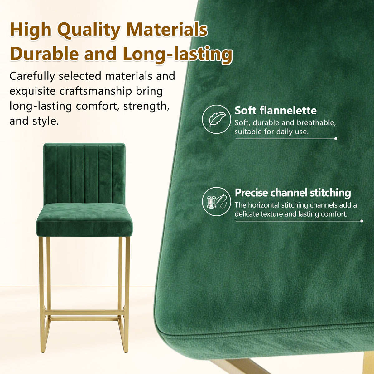 25.6 Inch Counter Height Bar Stools Set of 2 with Velvet Cushion and Back Modern Bar Chairs for Kitchen Island Counter with Metal Leg for Restaurant Dining Room Office, Green and Gold