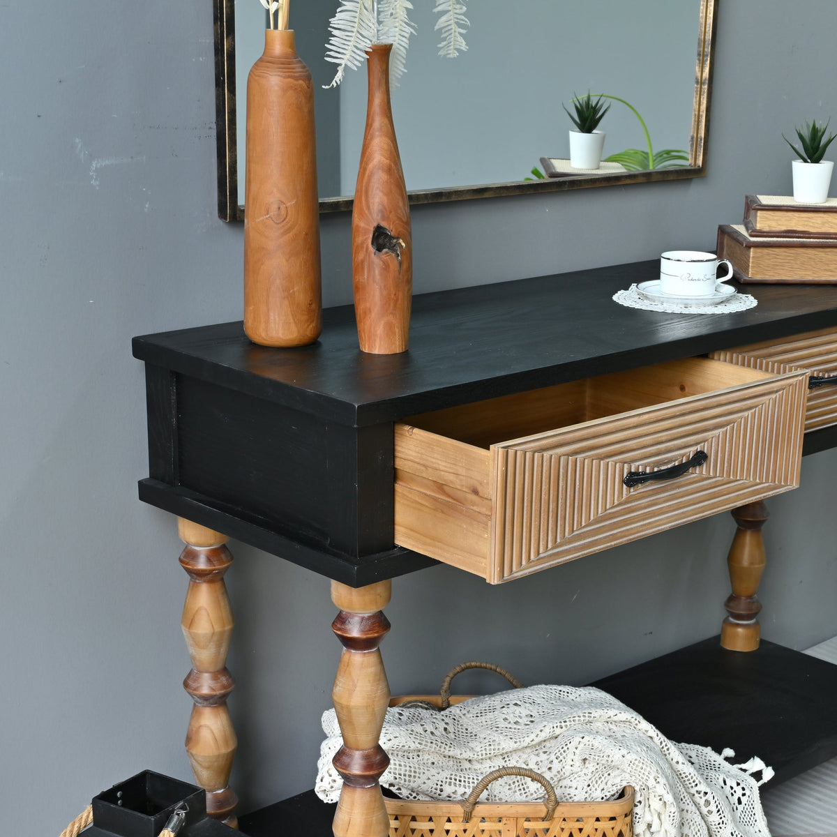 Easy Assembly 47.64" Accent Rustic Solid Wooden Carved Console Table With Turning Legs , Living Room Rectangle Console Table With Open Shelf And 2 Drawers