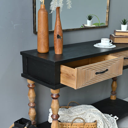 Easy Assembly 47.64" Accent Rustic Solid Wooden Carved Console Table With Turning Legs , Living Room Rectangle Console Table With Open Shelf And 2 Drawers