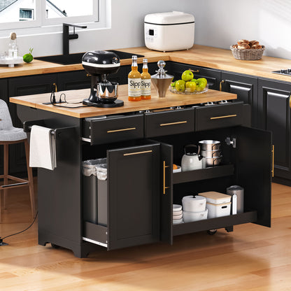 K&K 59.3' Kitchen Island with Storage 2 Pull Out Cabinet Organizers & Rubber Wood Drop Leaf, Rolling Kitchen Island with Trash Can Storage, Power Outlet, Spice & Towel Rack for Kitchen, Dining, Black