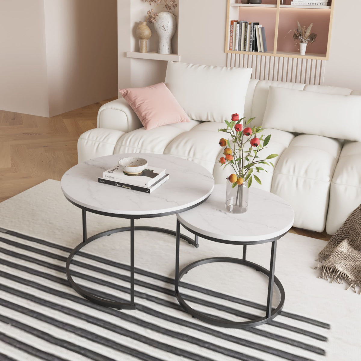 Nesting Coffee Table Set of 2, 27.6inch Round Coffee Table Wood Marble Pattern Top with Sturdy Metal Frame - White