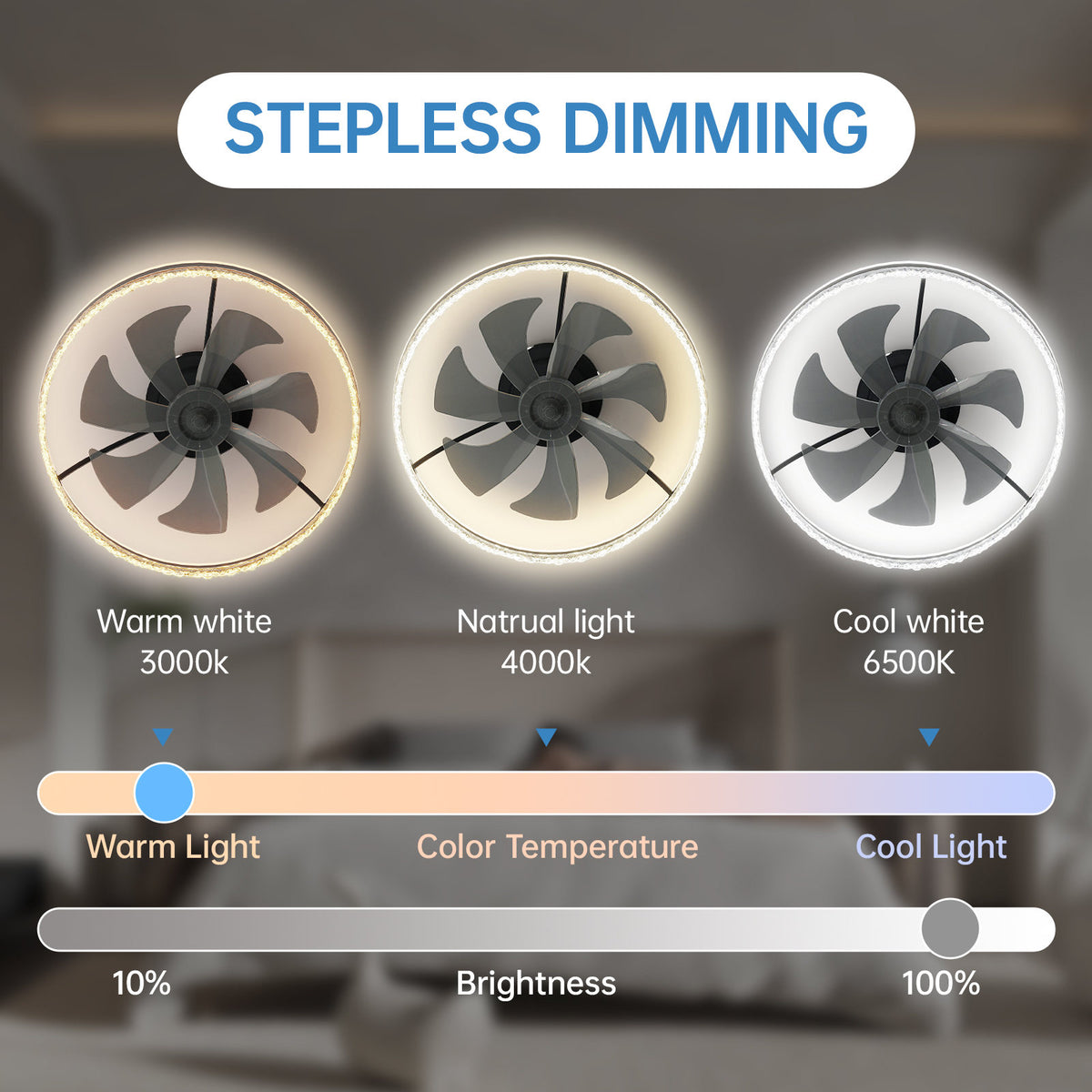 Modern LED Ceiling Fan with Light - 24'' Dimmable Ceiling Light with Invisible Blades and Crystal Design