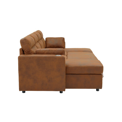 Convertible U-Shaped Sectional Sofa Bed with Double Storage Chaises, Pull-Out Sleeper, Cup Holders, and Lumbar Pillows
