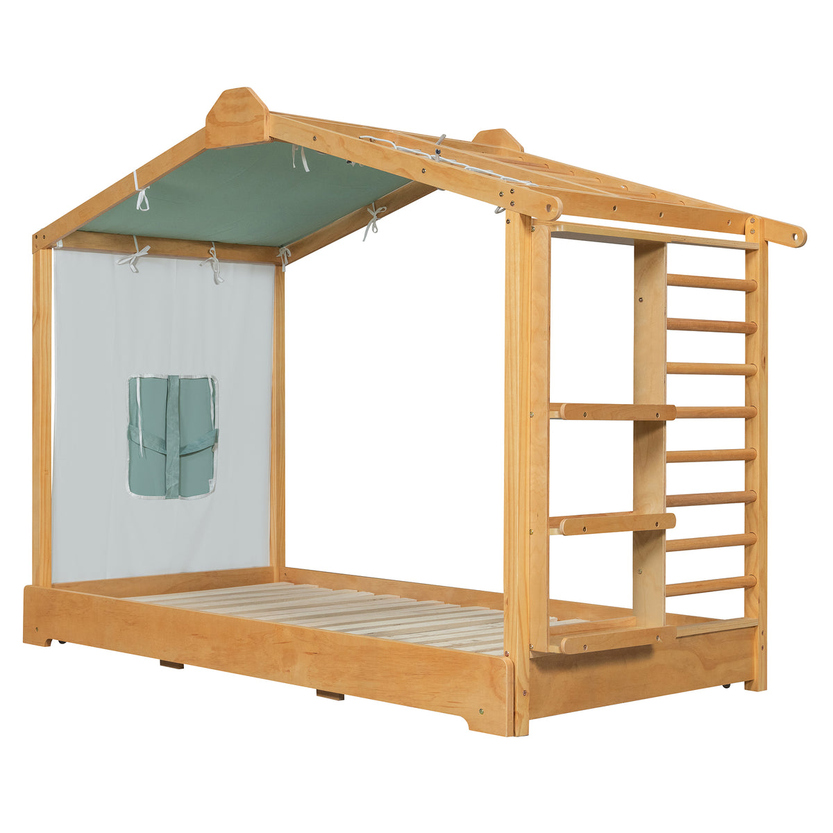 Twin Size House Bed with Twin Size Trundle and Side Shelves, Natural