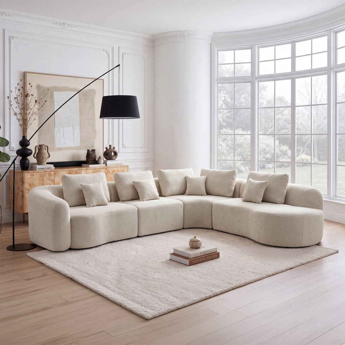 136.9" Camel Modular Curved Sectional Sofa, Vacuum Compressed Cloud Couch, Oversized Corner Sofa Set with Throw Pillows, No Assembly Required, Deep Seat Curved Sofa for Large Living Room.