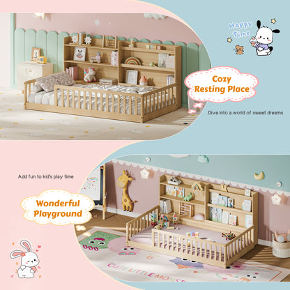 Twin Montessori Floor Bed with Bookshelf & Safety Rails, Natural,Solid pine wood kids bed with integrated bookshelf, low-to-ground Montessori design, safety fence rails and wide entrance.