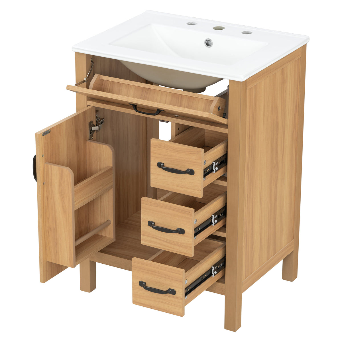 24 Inch Modern Traditional Bathroom Vanity with Ceramic Sink, MDF Cabinet & Solid Wood Legs, Black Zinc Alloy Handles, Wood Grain Melamine Finish