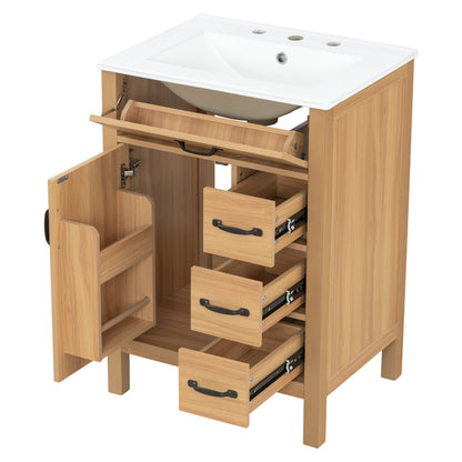 24 Inch Modern Traditional Bathroom Vanity with Ceramic Sink, MDF Cabinet & Solid Wood Legs, Black Zinc Alloy Handles, Wood Grain Melamine Finish