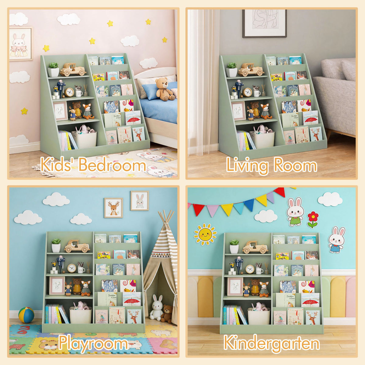 Kids Bookshelf and Toy Storage Organizer, Multifunctional 4 Tier Wooden Kids Book Shelf with  Bookcase Display Stand in Kids Room Playroom Nursery for Kids, Children, Toddlers (Sage)