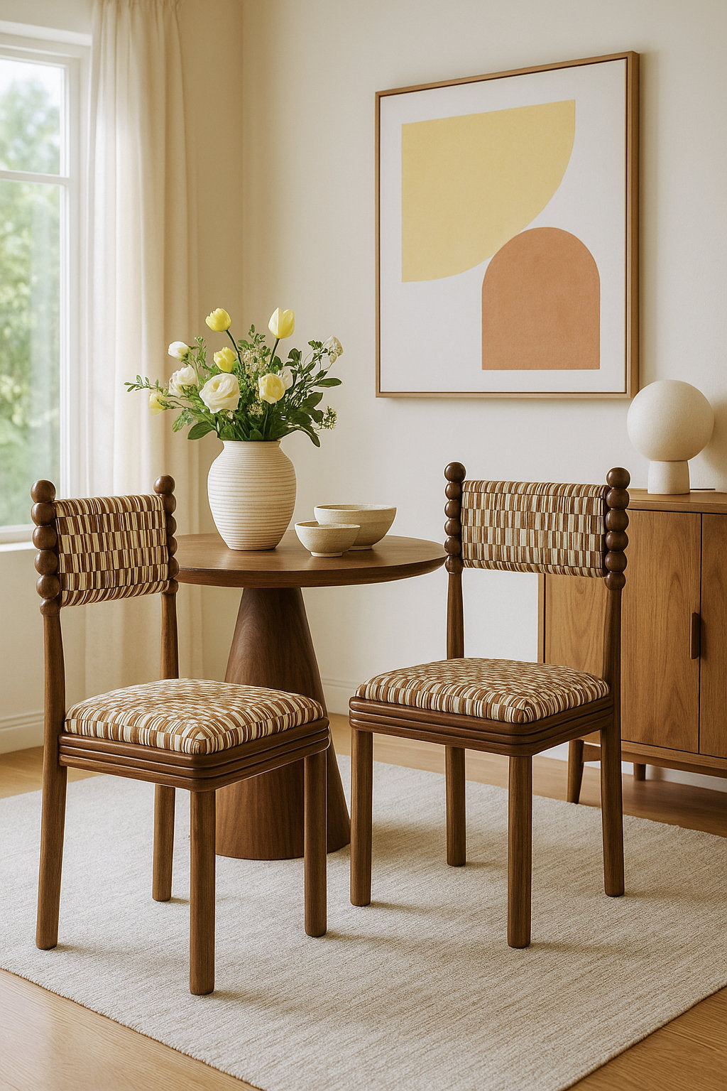 Postmodern Ball-Turned Solid Wood Dining Chair, Mid-Century Accent Side Chair with Patterned Upholstered Seat for  Dining Room, Living Room, Kitchen & Bedroom, Set of 2