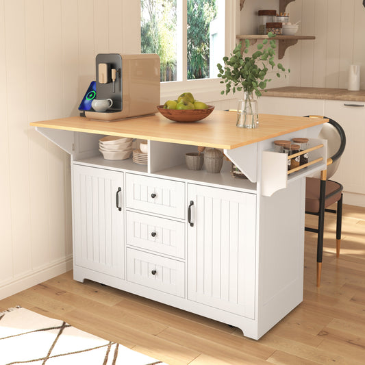 K&K 55.7'' Large Kitchen Island with 2 Drop Leaf, Rolling Kitchen Cart on 5 Wheels with Power Outlet – White