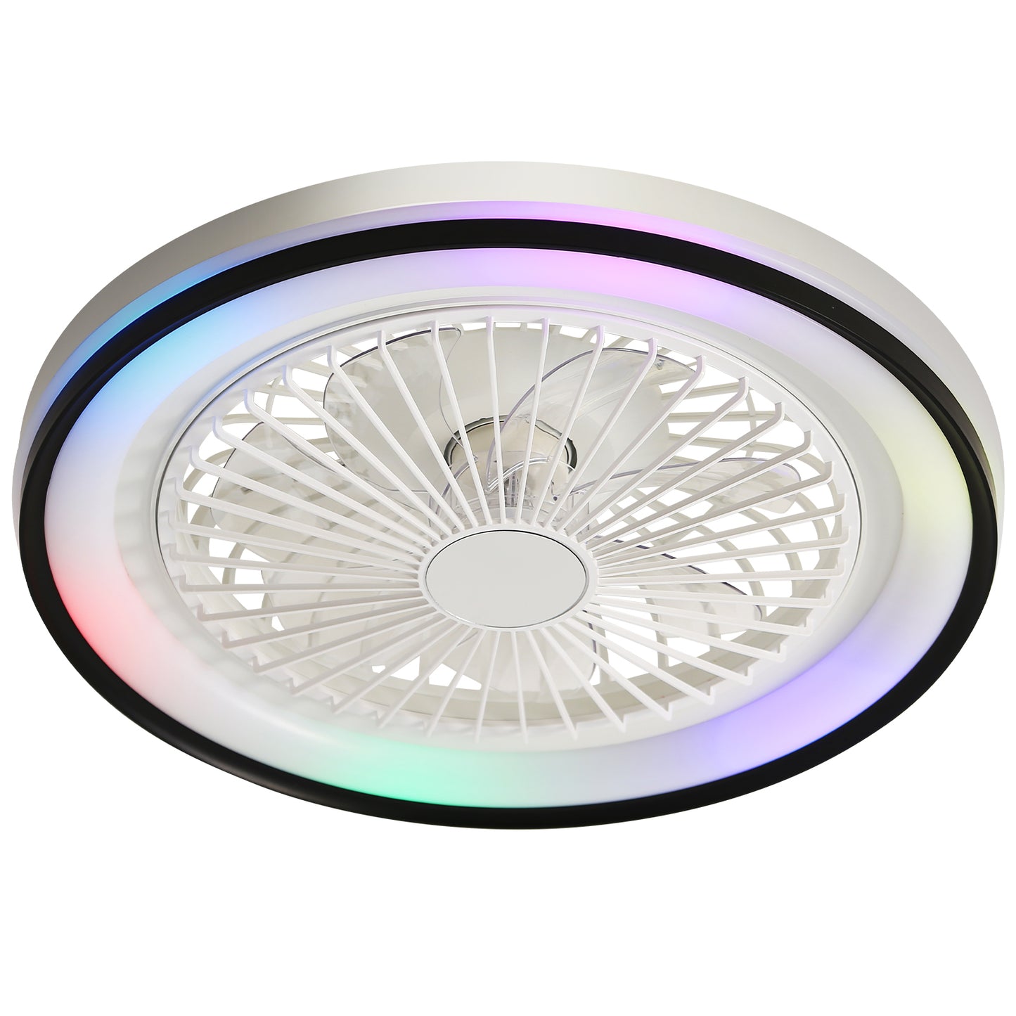 RGB Dimmable LED Bladeless Ceiling Fan with Remote Control for Bedroom, White ABS, 19 Inch Flush Mount