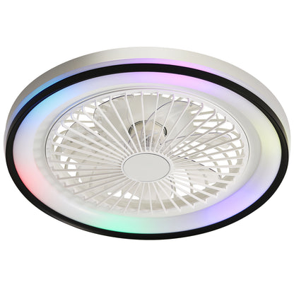 RGB Dimmable LED Bladeless Ceiling Fan with Remote Control for Bedroom, White ABS, 19 Inch Flush Mount