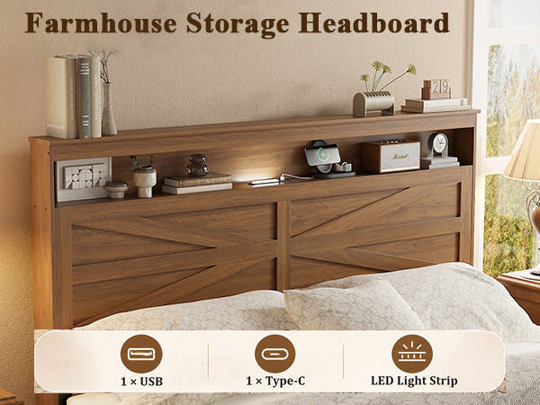 Queen size bed frame headboard with LED lights and charging station cushion platform bed frame, large bed, with headboard and hidden storage space, no box spring required, Antique,Brown
