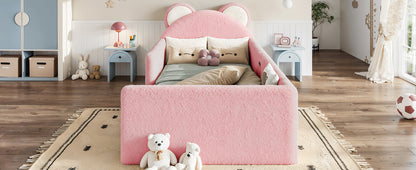 Twin Upholstered Kids Bed, Cute BearShaped Upholstered Floor bed, Children Bed Frame with Removable MagicTape Headboard, Low Floor Bed for Kids,White&Pink