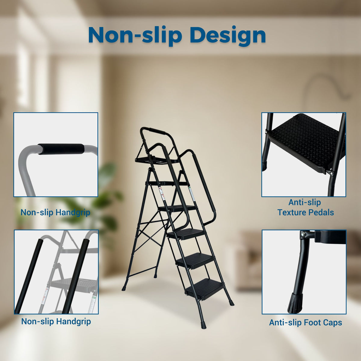 Step Ladder, Folding Step Stool with Wide Anti-Slip Pedal, Sturdy Steel Ladder, Convenient Handrail, Lightweight, Portable Steel Step Stool