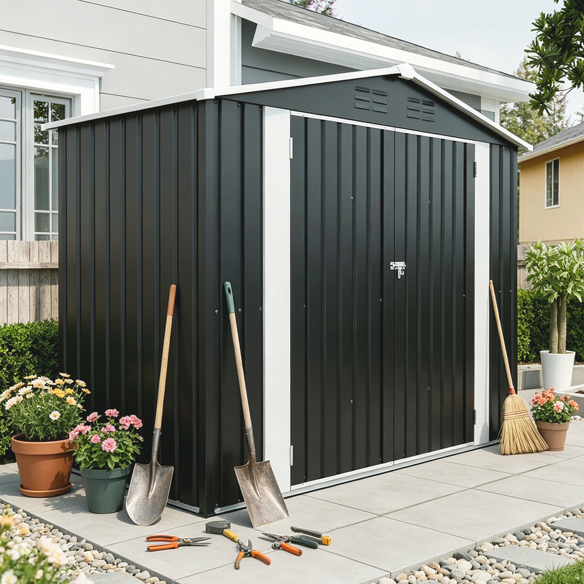 8ft x 4ft Outdoor Metal Storage Shed with Lockable Latch, Black(7.81*3.64 FT)