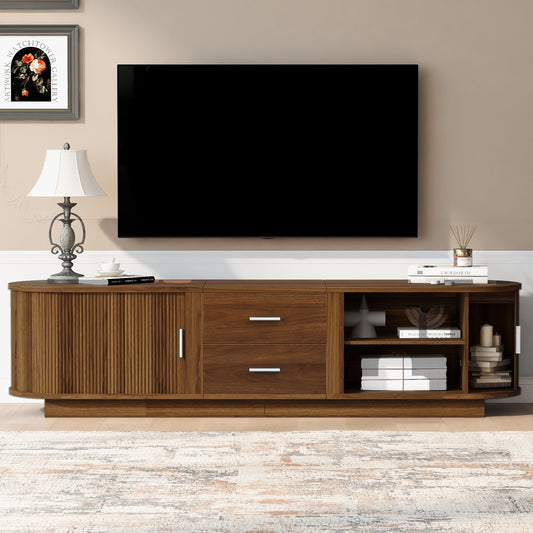 U-Can Modern TV Stand with Drawers, Hidden Sliding Storage, Rounded Corners, and Waterproof Surface, Fits 65'-70" TVs – Antique Brown