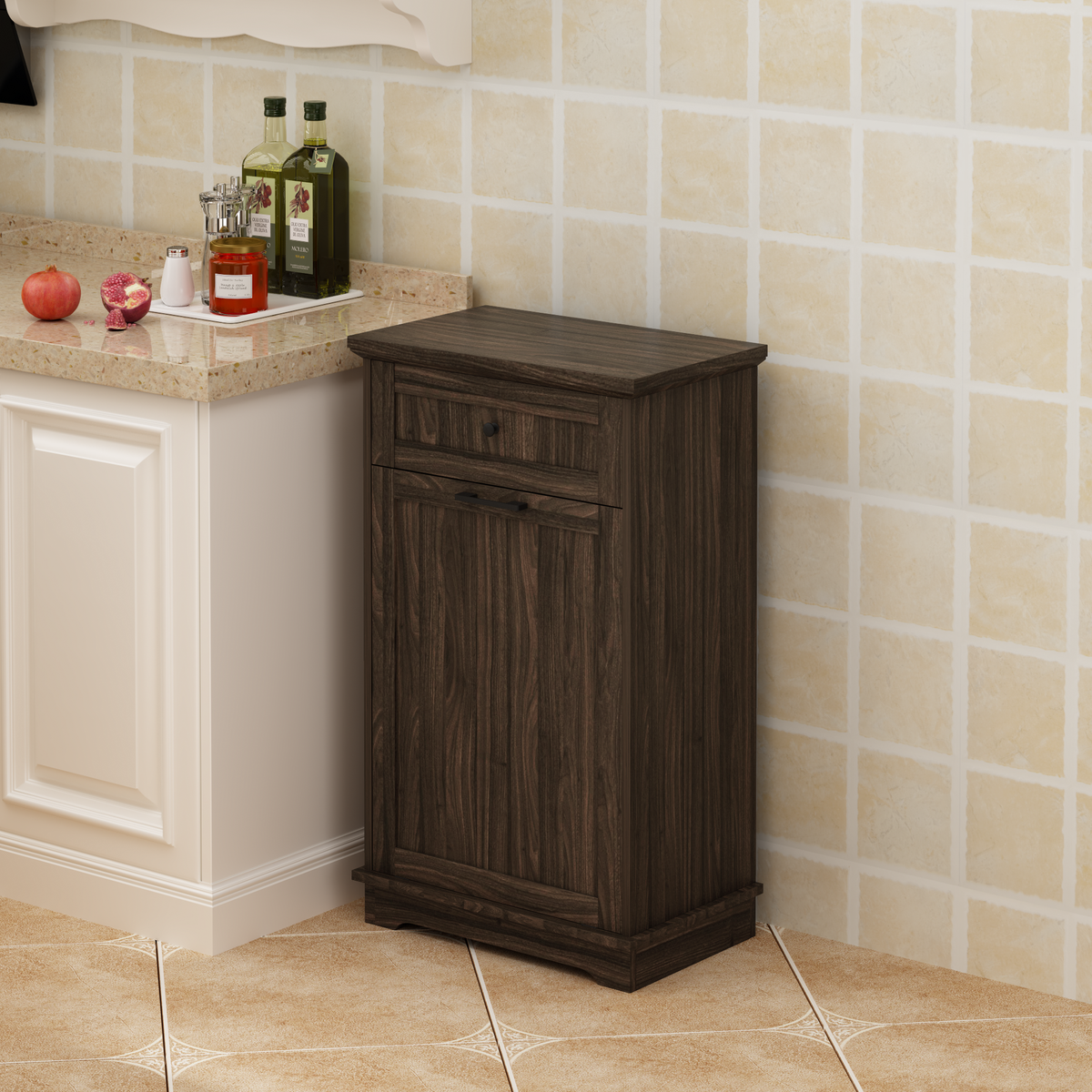 10 Gallon Tilt Out Trash Cabinet Freestanding Trash Bin Cabinet Wood Garbage Recycling Cabinet with Hideaway Drawer Pet Proof Trash Can Holder for Kitchen Living Room, Antique Brown (not include can)
