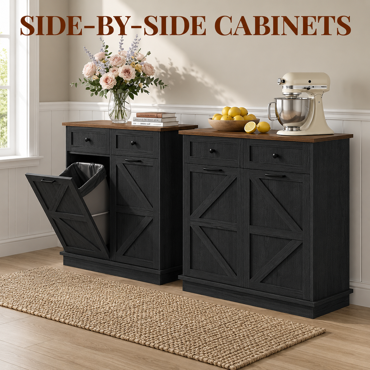 Tilt Out Trash Can Cabinet for Kitchen, Double 10-Gallon Hidden Trash Cabinet with Drawer, Farmhouse Wooden Garbage Cabinet, Dog Proof Trash Can Storage for Kitchen Laundry Living Room Office