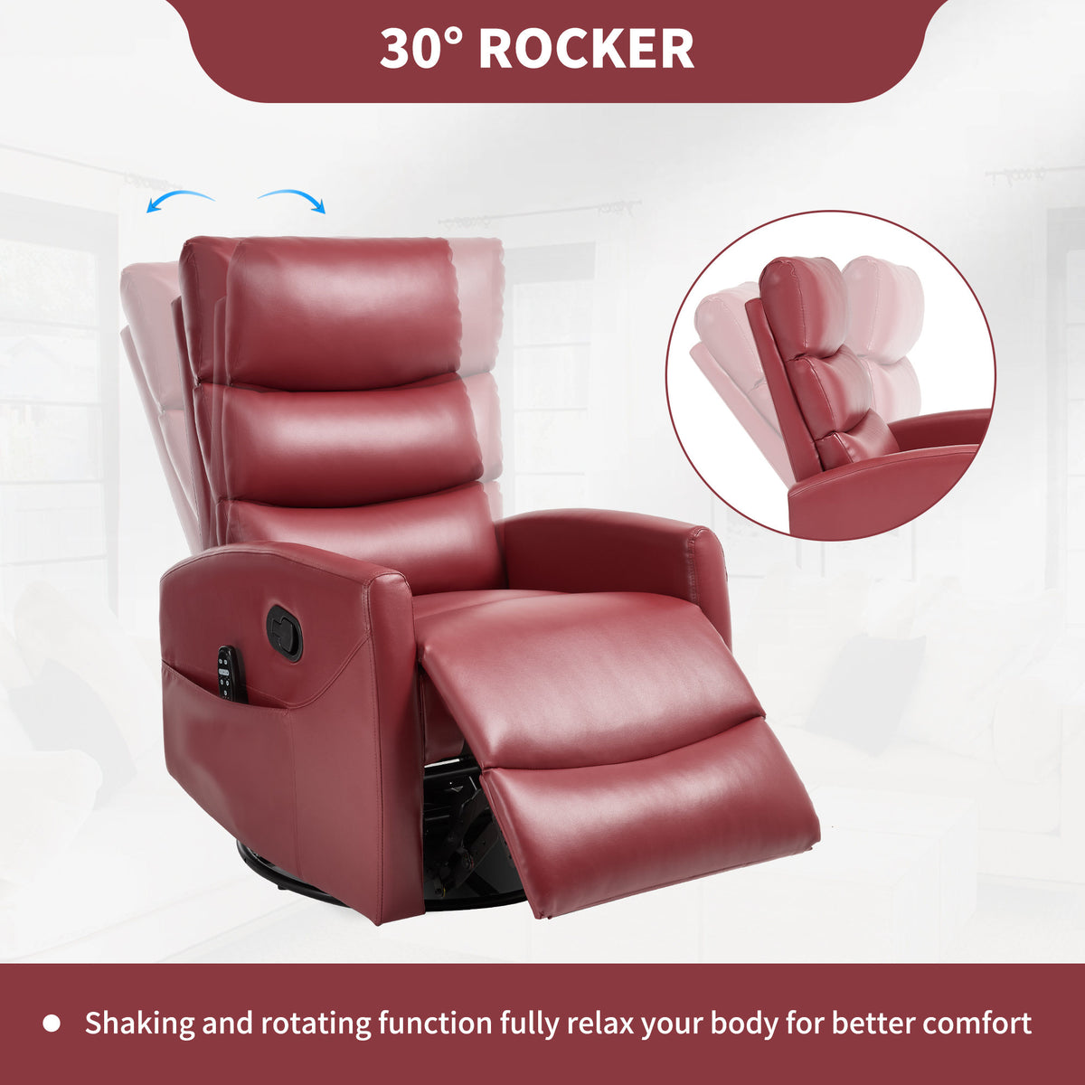 Heat Massage Manual Recliner Chair with Rocker and Swivel in Fabric, Red