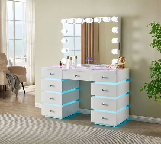 Hollywood LED Lighted Makeup Vanity Desk with 15 Bulbs Mirror, RGB Light Drawers, 9 Drawers Dressing Table for Bedroom