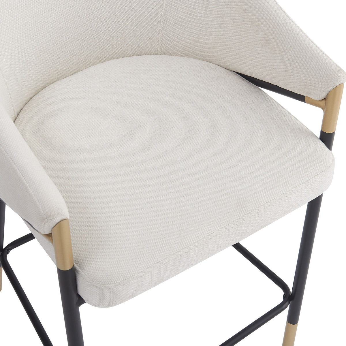 26" Seat Height, Modern Counter Stool with Curved Armrests & Gold Accents - Soft Beige Fabric, Black Metal Frame, Set of 2
