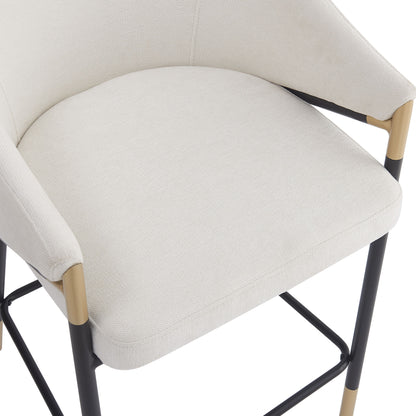 26" Seat Height, Modern Counter Stool with Curved Armrests & Gold Accents - Soft Beige Fabric, Black Metal Frame, Set of 2