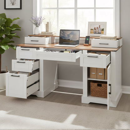 White Farmhouse Office Desk with Charging Station, Monitor Stand & Storage Cabinet, Barn Door Design, MDF, 59.5' L x 21' W x 35.8' H
