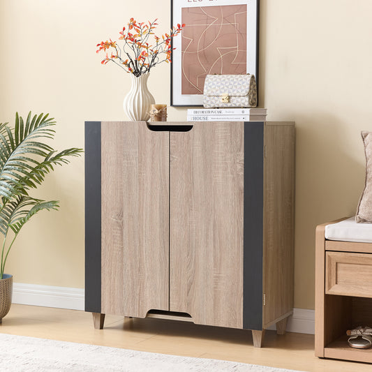 Two door shoe storage entryway console cabinet with vented cutout handles tapered foot legs metal hinges four shelves Brown & Black color
