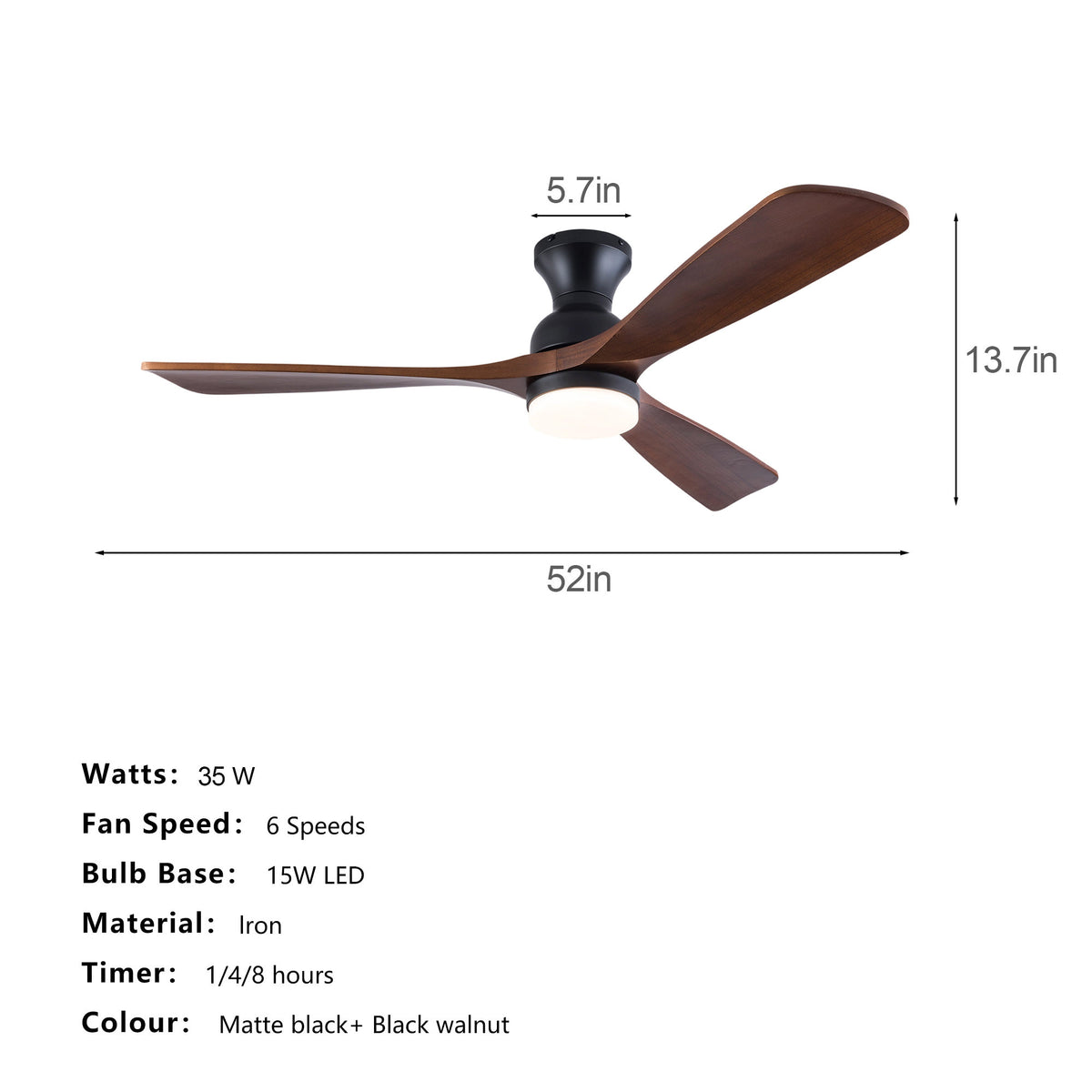52 Inch Ceiling Fan with LED Light, 3 Solid Wood Blades, Reversible DC Motor, Remote Control, Modern Farmhouse Ceiling Fan for Bedroom Living Room Indoor