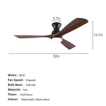 52 Inch Ceiling Fan with LED Light, 3 Solid Wood Blades, Reversible DC Motor, Remote Control, Modern Farmhouse Ceiling Fan for Bedroom Living Room Indoor