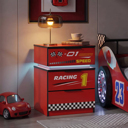 Kids Racing Car 3-Drawer Nightstand with Smart RGB LED Light, App/Remote/Music Sync Bedside Storage Cabinet, Fully KD