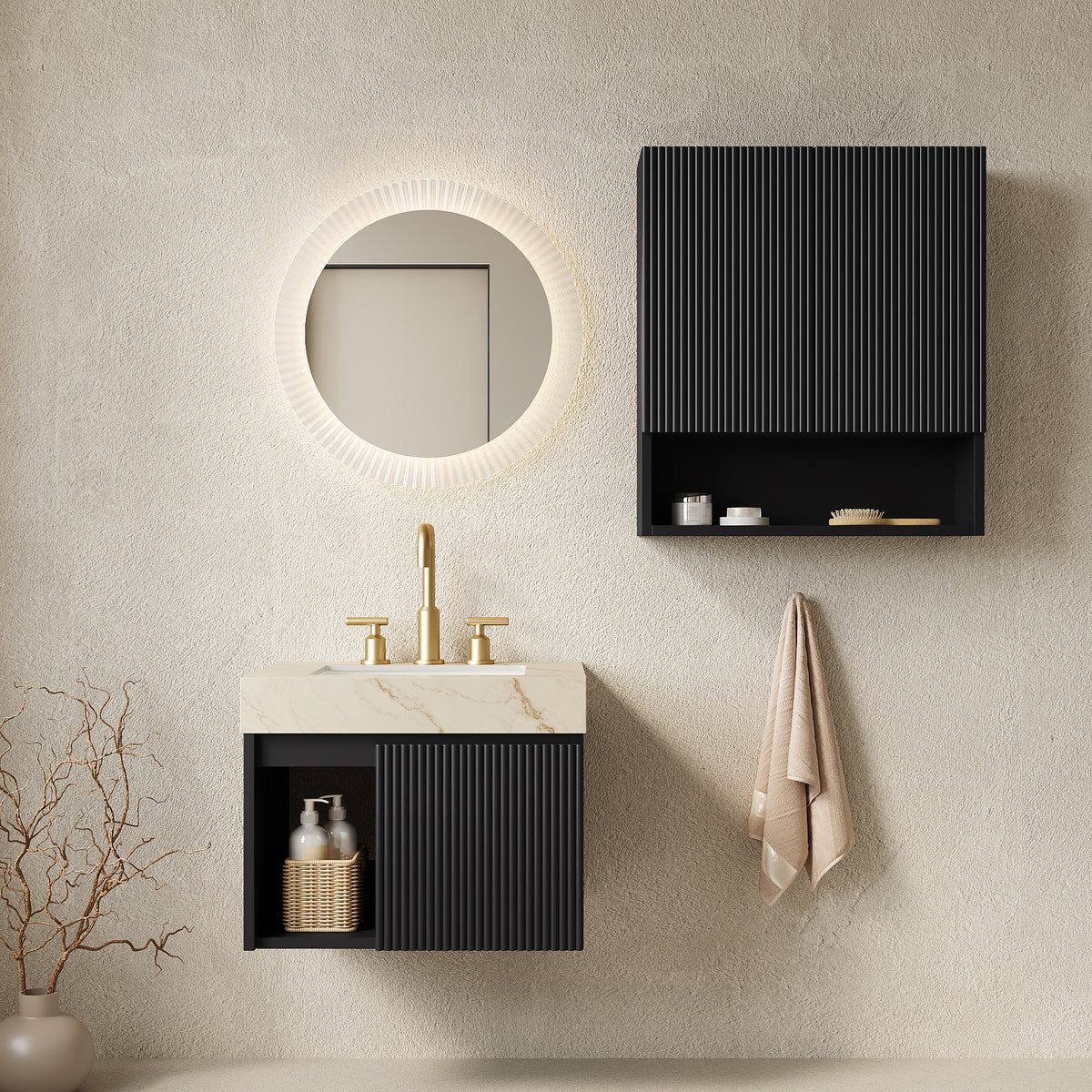EIDEN 24'+TOBI 26' Combo Set,Floating Wall‑Mounted Bathroom Storage Vanity, Cream Gold Vein Sintered Stone Top, Ceramic Basin,3 Pre‑Drilled Faucet Holes,Faucet & Drain Excluded, Black Color