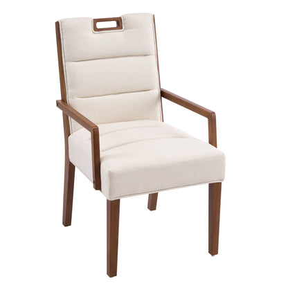 Upholstered Dining Chairs with Armrests, Beige Fabric & Walnut Rubber Wood Frame, Set of 2