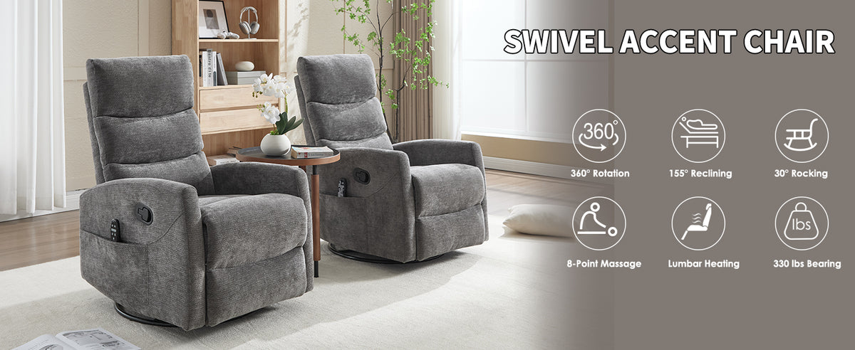 Heat Massage Manual Recliner Chair with Rocker and Swivel in Fabric, Grey – Model W3224P322251