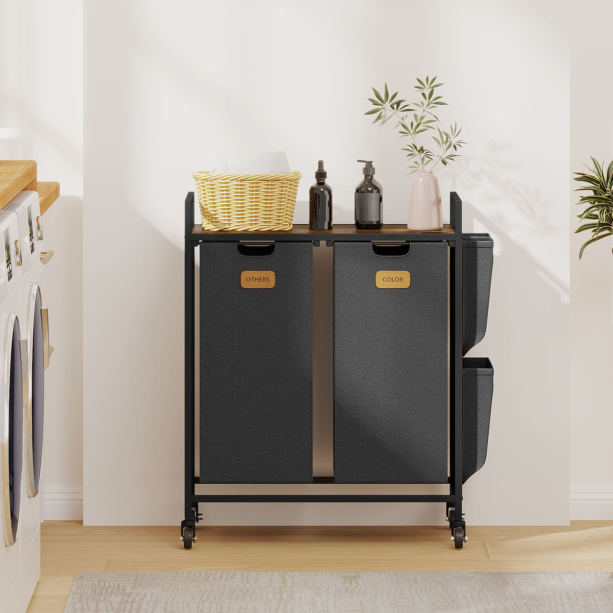 2 Section Laundry Hamper, Laundry Sorter with Wheels, Laundry Basket Organizer with Shelf & 2 Pull-Out Removable Bags, Dirty Clothes Hamper Organizer for Laundry Room Bathroom Dorm ,26.4 gallons(100L)