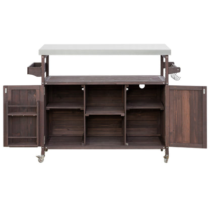K&K Outdoor Kitchen Island, Rolling Bar Cart & Storage Cabinet, Farmhouse Solid Wood Outdoor Grill Table with Stainless Steel Top – Brown