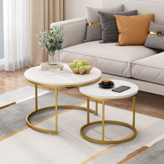 27.6in Nesting Coffee Table Set of 2, Round Coffee Table Wood Marble Pattern Top with Sturdy Metal Frame, End Table Side Tables for Living Room Bedroom Balcony Yard (White)