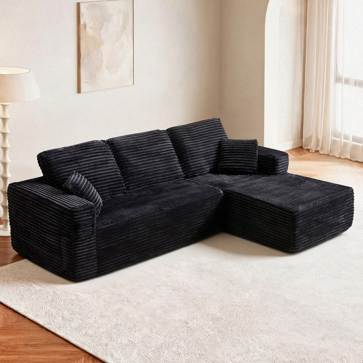 100.39"Cloud Sectional Couch with R-Shape Chaise,Modern Modular Sofa wit Deep Seat,No Assembly Required,Compressed packaging,Pocket spring and Foam,Plush Fabric Black