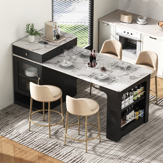 K&K 59.5" Kitchen Island with Extendable Dining Table, Kitchen Storage Table with Double-sided Storage, Kitchen Island with 2 Drawers