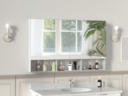 48X30 Medical Cabinet with Mirror, suitable for bathroom, wall-mounted bathroom mirror, with storage function, adjustable shelves, aluminum frame, surface-mounted, silver