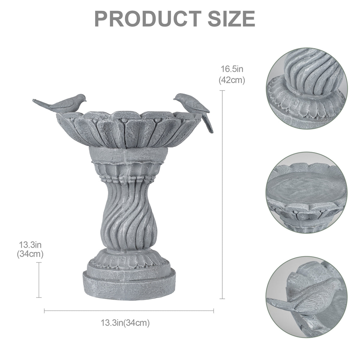 16.54' Garden Bird Bath Statue, Magnesium Oxide Grey Pedestal Birdbath, Outdoor Bird Feeder Bowl with Decorative Bird Figurine, Yard Lawn Patio Garden Decor, Ideal Gift for Bird Lovers