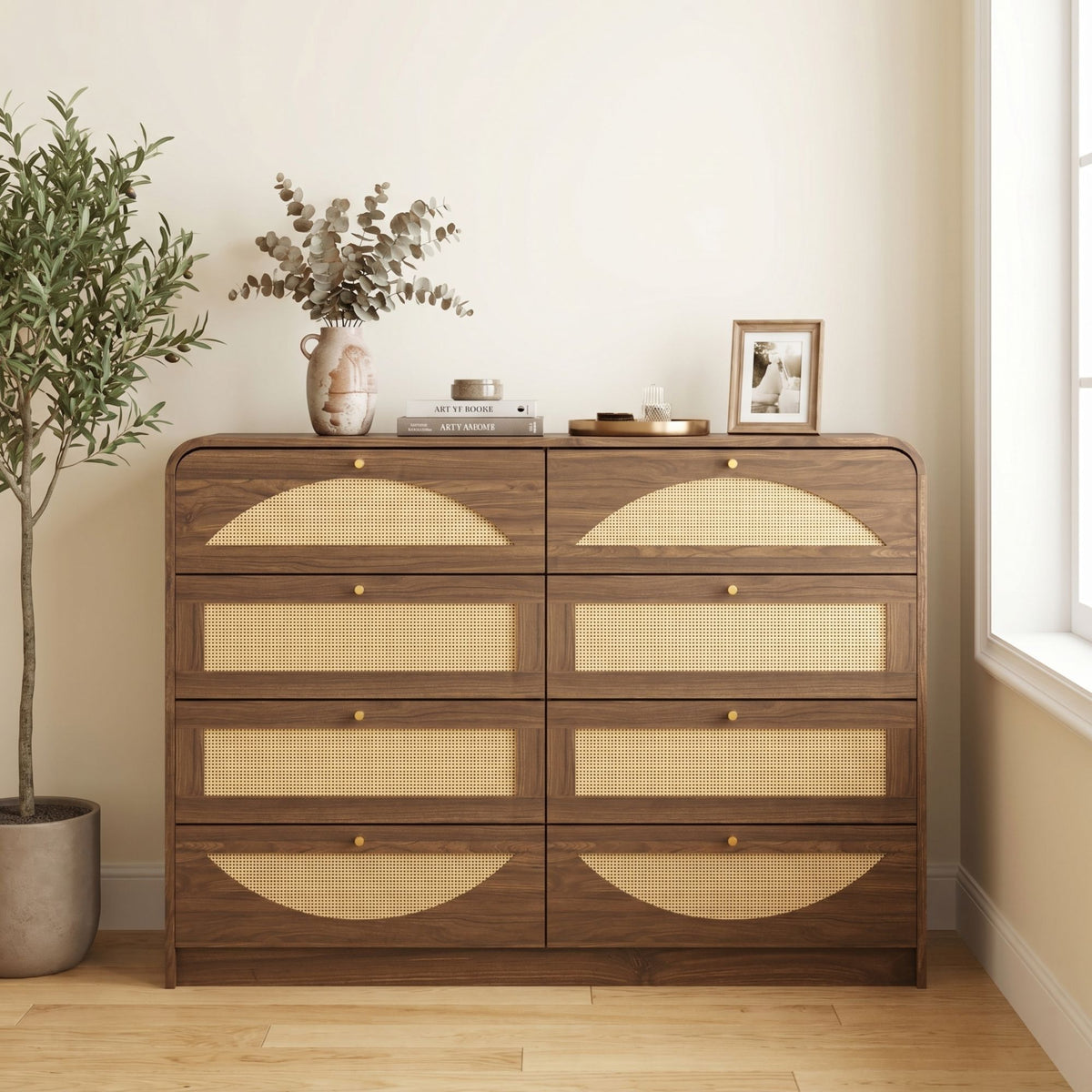 Walnut Finish 8‑Drawer Dresser with Rattan Front, Wide Particle Board Chest of Drawers, Modern Wooden Storage Cabinet