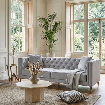 Chalky Living Room Tufted Velvet Upholstered Couch in Light Gray