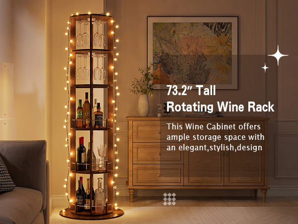 73" Tall Round Wine Rack, Freestanding Wine Bar Cabinet With 360° Rotating Design Wine Glass Rack, 360° Smooth Rotation & Stable Base, 3-Tier Storage Shelf, MDF & Metal, Walnut