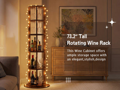 73" Tall Round Wine Rack, Freestanding Wine Bar Cabinet With 360° Rotating Design Wine Glass Rack, 360° Smooth Rotation & Stable Base, 3-Tier Storage Shelf, MDF & Metal, Walnut