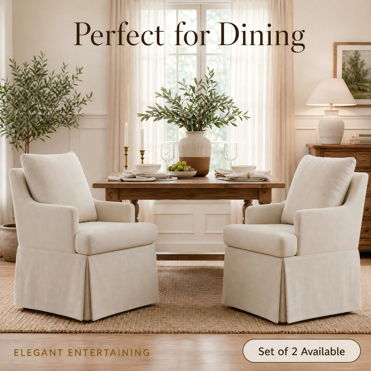 Upholstered Dining Chairs Set of 1, Modern Kitchen Chair Dining Room Chair with 4 Casters, Linen Armchair for Bedroom Reading Room Living Room, Beige