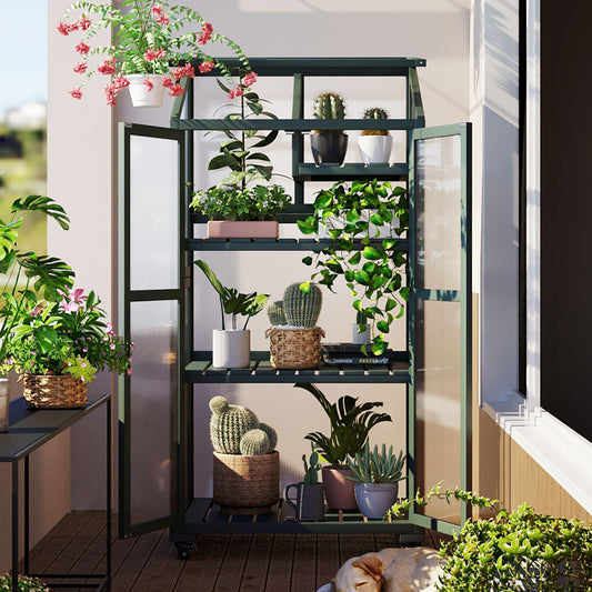 TOPMAX 62inch Height Wood Large Greenhouse Balcony Portable Cold Frame with Wheels and Adjustable Shelves for Outdoor Indoor Use