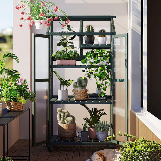 TOPMAX 62inch Height Wood Large Greenhouse Balcony Portable Cold Frame with Wheels and Adjustable Shelves for Outdoor Indoor Use